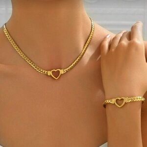 Gold Plated Stainless Steel Heart Chain Necklace & Bracelet Set (2pc)